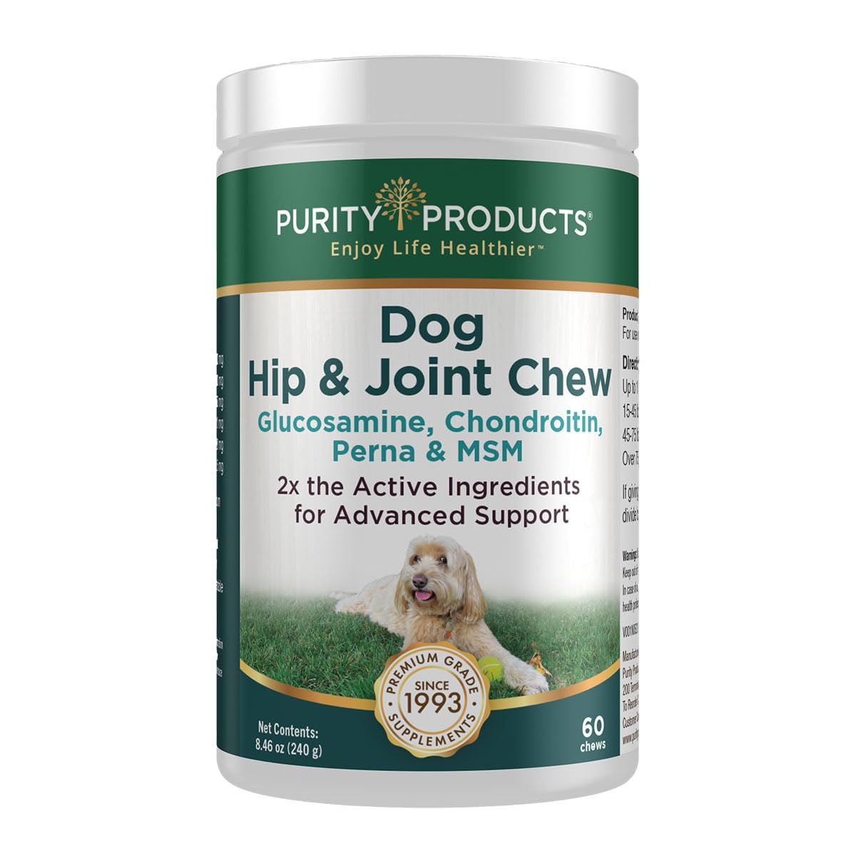 Purity Products Dog Hip and Joint Advanced Support Chews MSM, Glucosamine, Chondroitin & Perna (Green-Lipped Mussel) - Supports Canine Cartilage Health, Mobility, Flexibility & Comfort - 60 Chews