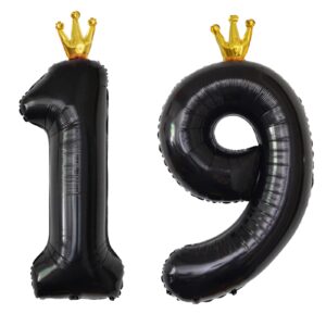 yfhvjtko 40 inch number 19 black crown balloon set,19th celebration decorations for happy 19th birthday party wedding bridal shower engagement photo shoot anniversary decoration, black 19 balloon