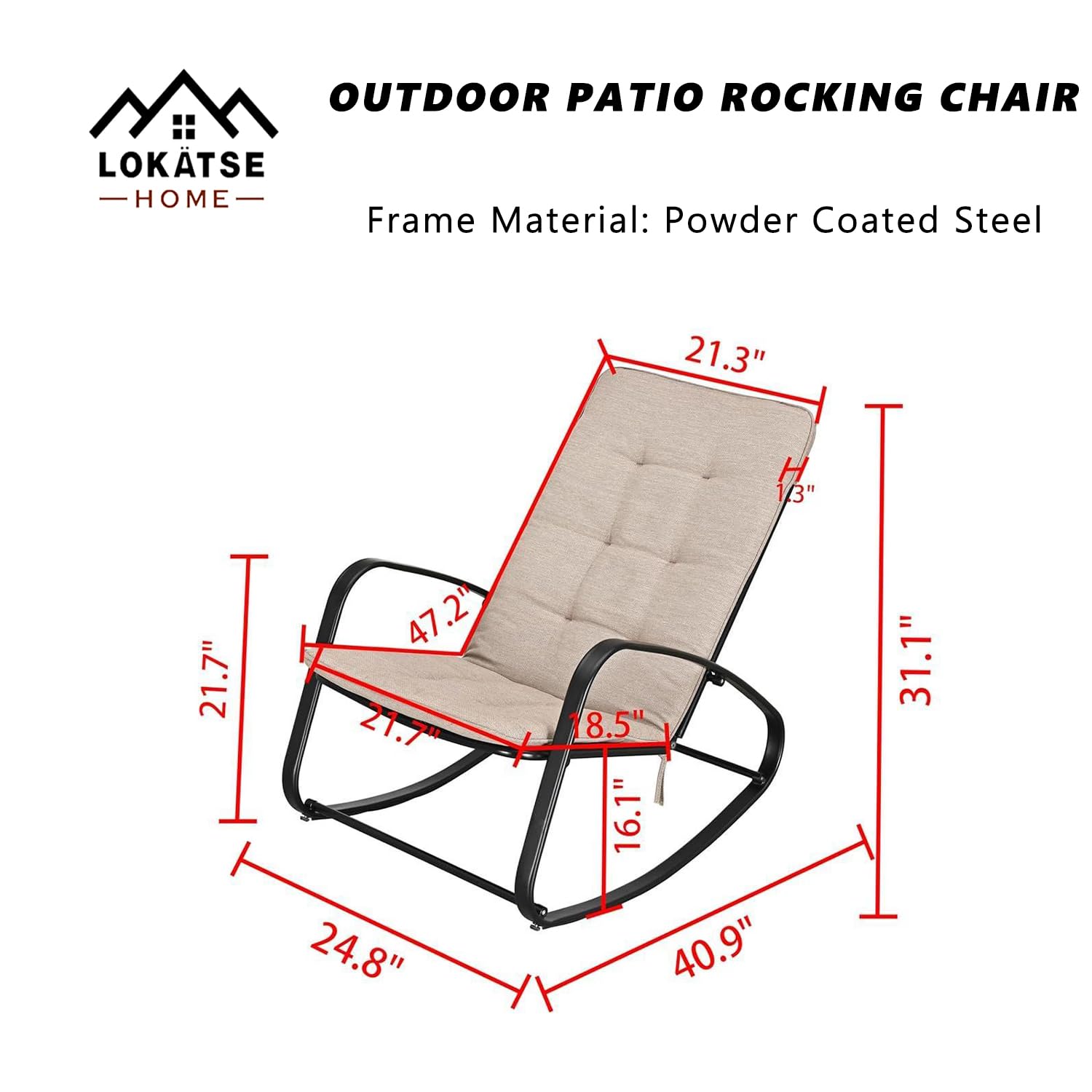 LOKATSE HOME Outdoor Patio Rocking Chair Set of 2 Padded Seat Steel Frame, Beige