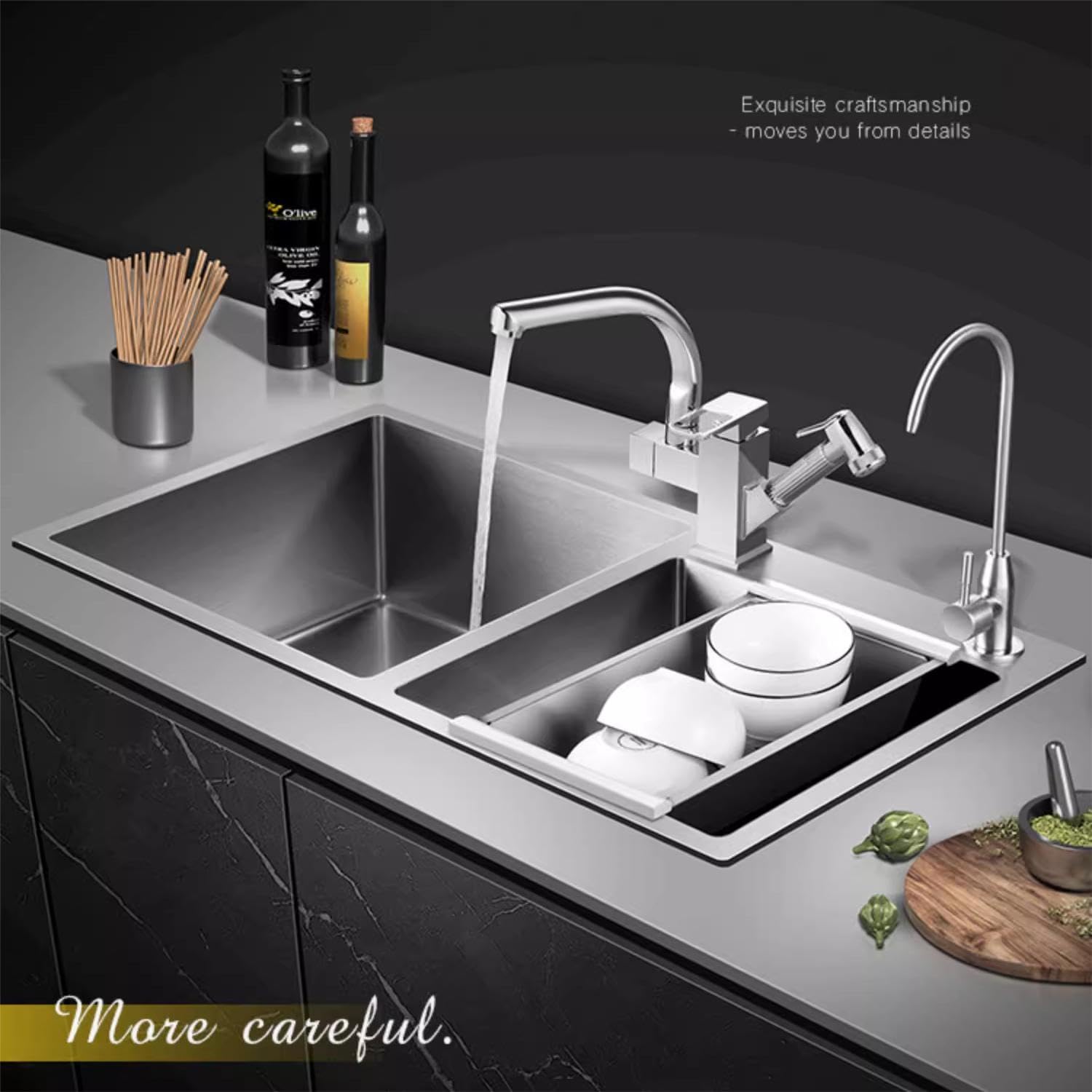 DuyviSteil T-304 Modern Nano-Coated Stainless Steel Kitchen Sink, Drop in & Topmount Double Bowl Sinks with Drainage Pipes and Fruit Baskets (30.7 x 16.9)