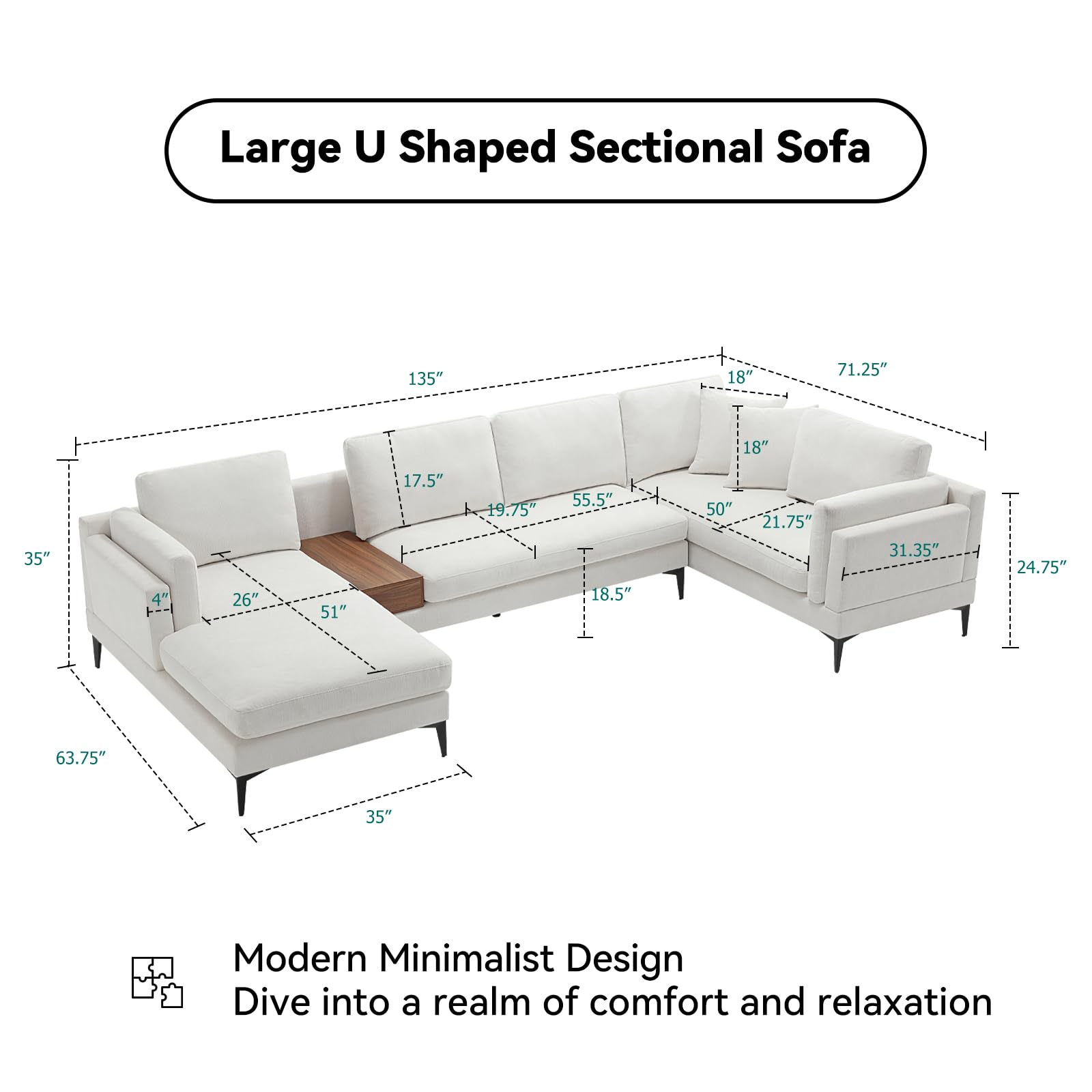 Morden Fort Modern 135" Comfy Cloud Couch U Shaped Large Sectional Sofa and Loveseat Set with Reverisble Chaise 4 Seater Couches L Shape for Living Room, Linen Fabric, Beige