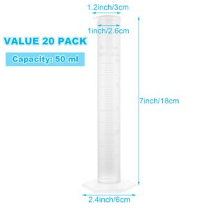 AKOLAFE 20 Pack 50 ml Graduated Cylinder Set Plastic Graduated Cylinder for Hydrometer Test Tubes Clear Lab Cylinders with Raised Marking & Spout Measuring Cylinder Flask Beaker for Chemistry Science