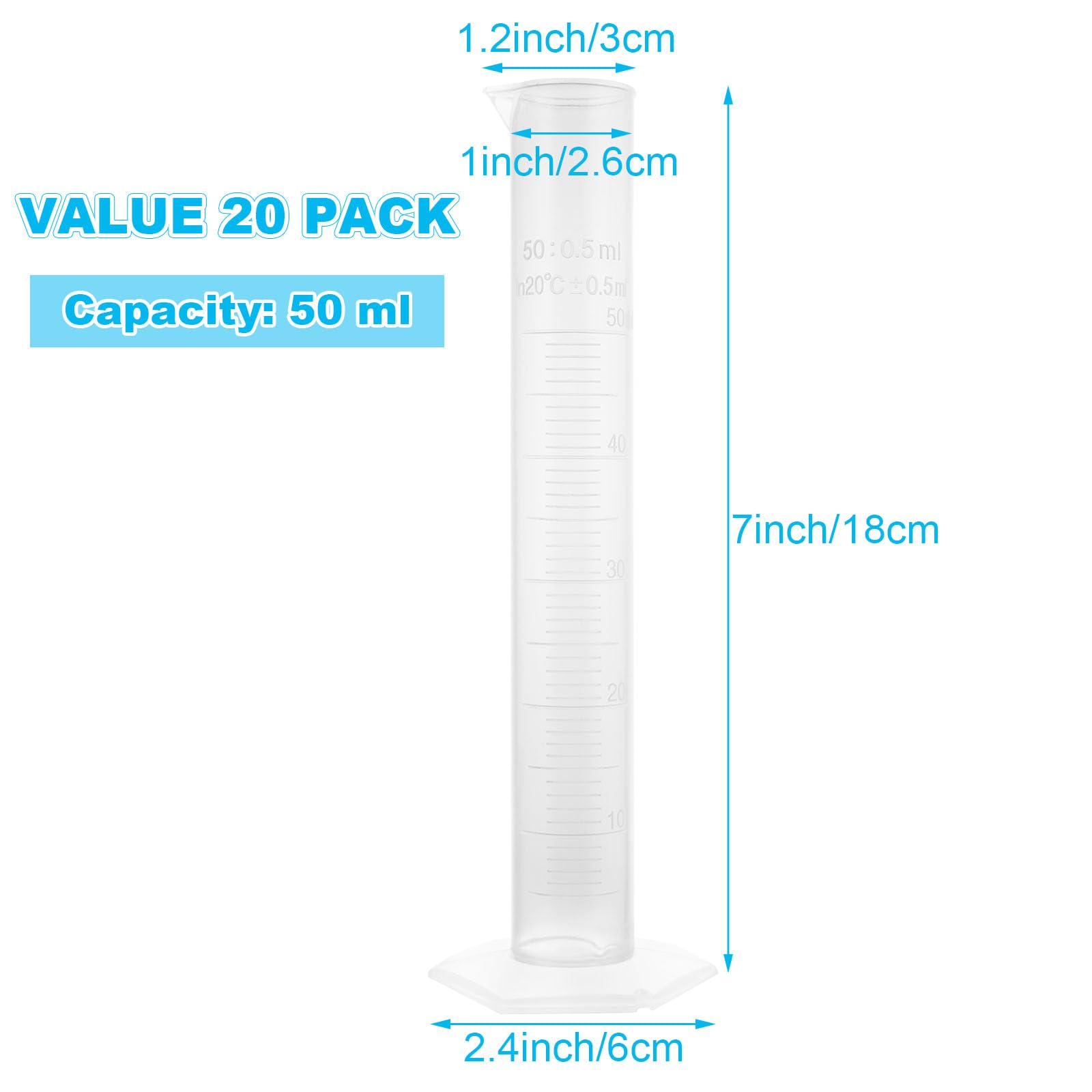 AKOLAFE 20 Pack 50 ml Graduated Cylinder Set Plastic Graduated Cylinder for Hydrometer Test Tubes Clear Lab Cylinders with Raised Marking & Spout Measuring Cylinder Flask Beaker for Chemistry Science