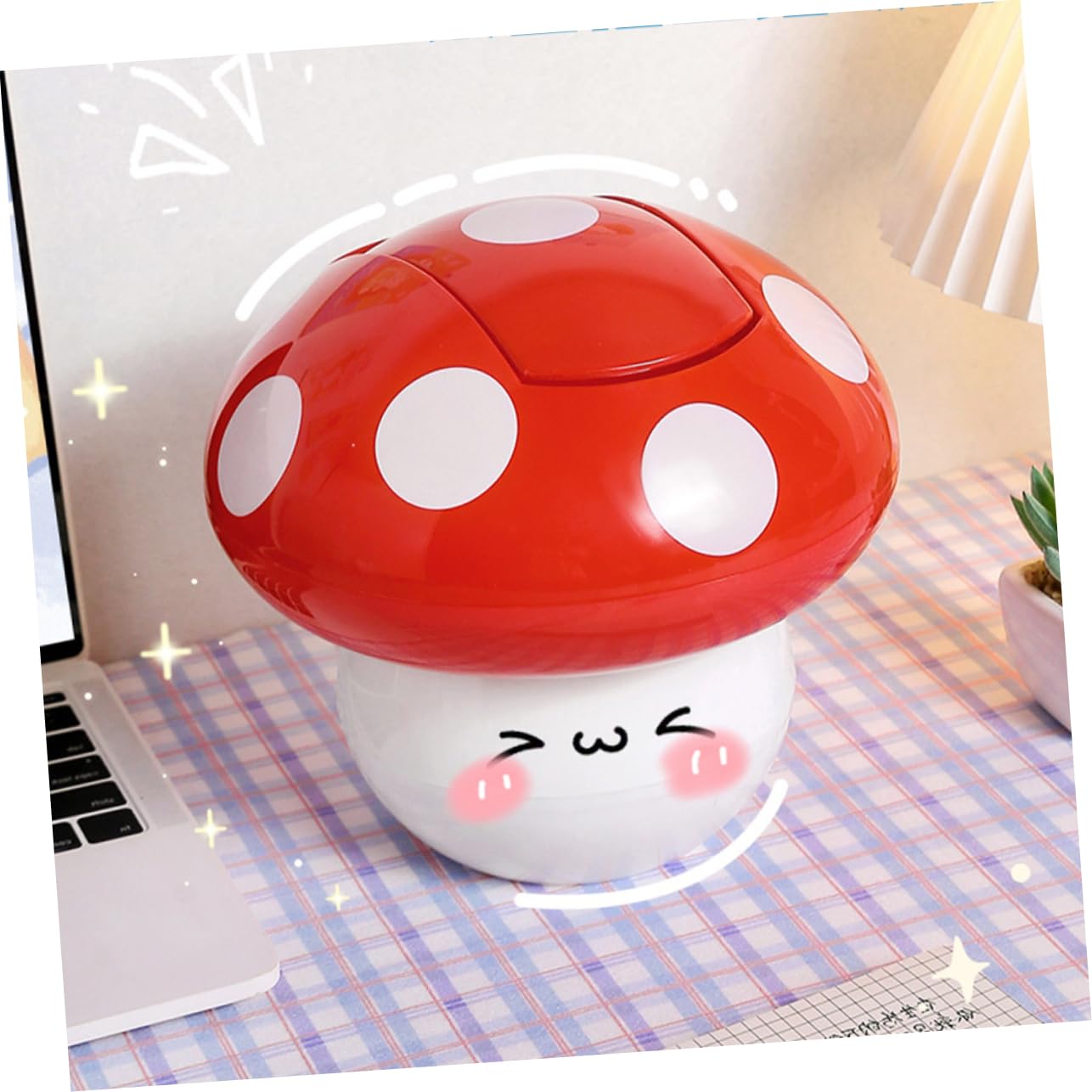 WHAMVOX Mushroom Shaped Garbage Can with Lid Decorative Trash Container for Kitchen Desk