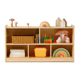 oook montessori shelf 5-section wooden storage cabinet, 2-shelf toy organizers and storage, kids classroom organizer, playroom, daycare and preschool