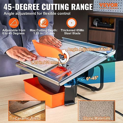 VEVOR Wet Tile Saw, 7-inch 65Mn Steel Blade, 3300 RPM Induction Motor, Tile Cutter Wet Saw with Water Reservoir, 0-45 Degrees Miter Angle for Cutting Tiles and Stones, for DIY Enthusiasts