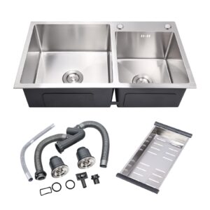 duyvisteil t-304 modern nano-coated stainless steel kitchen sink, drop in & topmount double bowl sinks with drainage pipes and fruit baskets (30.7 x 16.9)