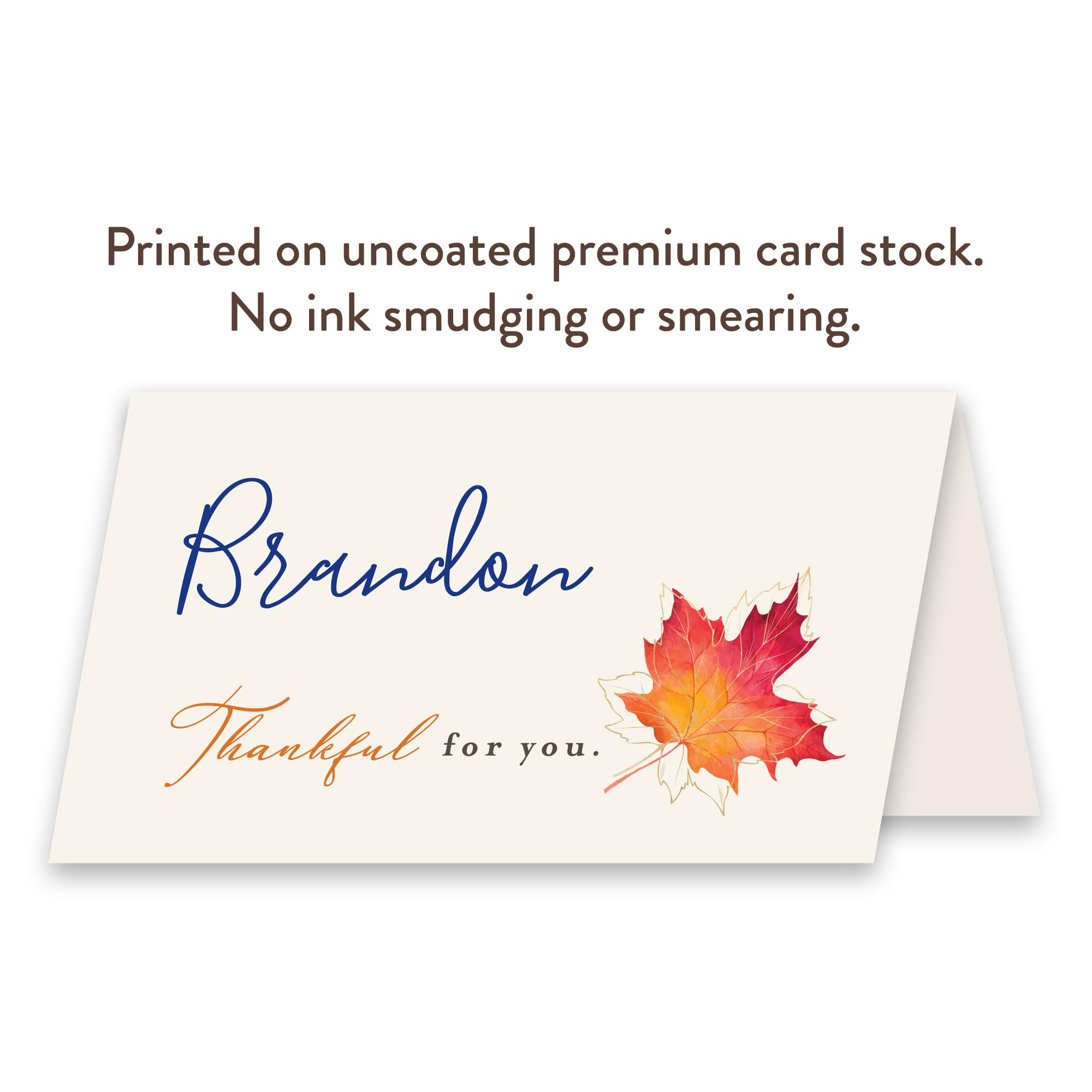 Koko Paper Co Maple Leaf Thankful for You Thanksgiving Table Place Cards | 50 Tent Style Dinner Setting Name Cards | Designed and Made in the U.S.A.