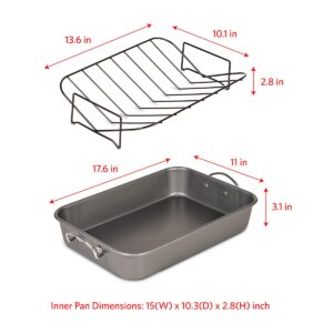 Glad Roasting Pan Nonstick 11x15 - Heavy Duty Metal Bakeware Dish with Rack - Large Oven Roaster Tray for Baking Turkey, Chicken, and Veggies