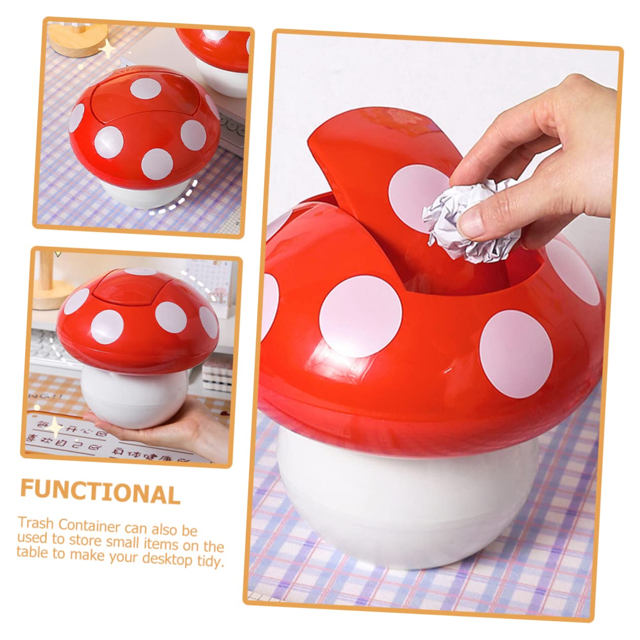 WHAMVOX Mushroom Shaped Garbage Can with Lid Decorative Trash Container for Kitchen Desk