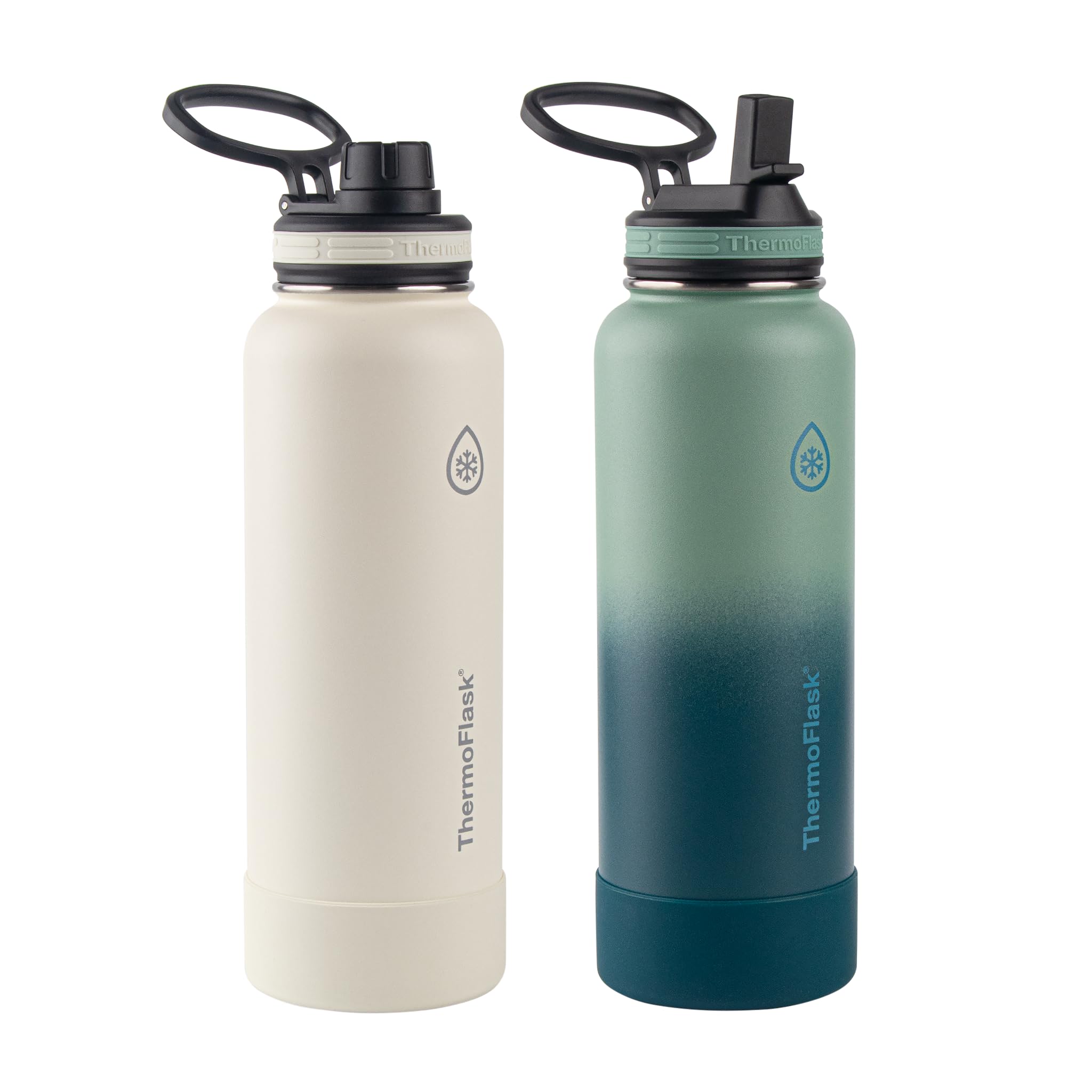 Thermoflask 40oz Stainless Steel Insulated Water Bottles with Straw and Spout Lids, 2-pack, Off White/Glade Green