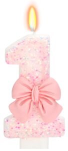 elekfx birthday candle for cake, 1 candle - pink glitter with bowknot, 2.76 inch happy birthday candle, cake topper decoration for 1 year old birthday party (number 1)