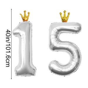 YFHVJTKO 40 Inch Number 15 Silver Crown Balloon Set,15th Celebration Decorations for Happy 15th Birthday Party Wedding Bridal Shower Engagement Photo Shoot Anniversary Decoration, Silver 15 Balloon