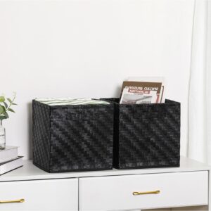 HODJOY Cube Storage Organizer, Handwoven Storage Cubes for Shelves, Recycled Paper Rope Foldable Storage Basket with Handles, Pack of 2, 11''*11''*11" (Black)