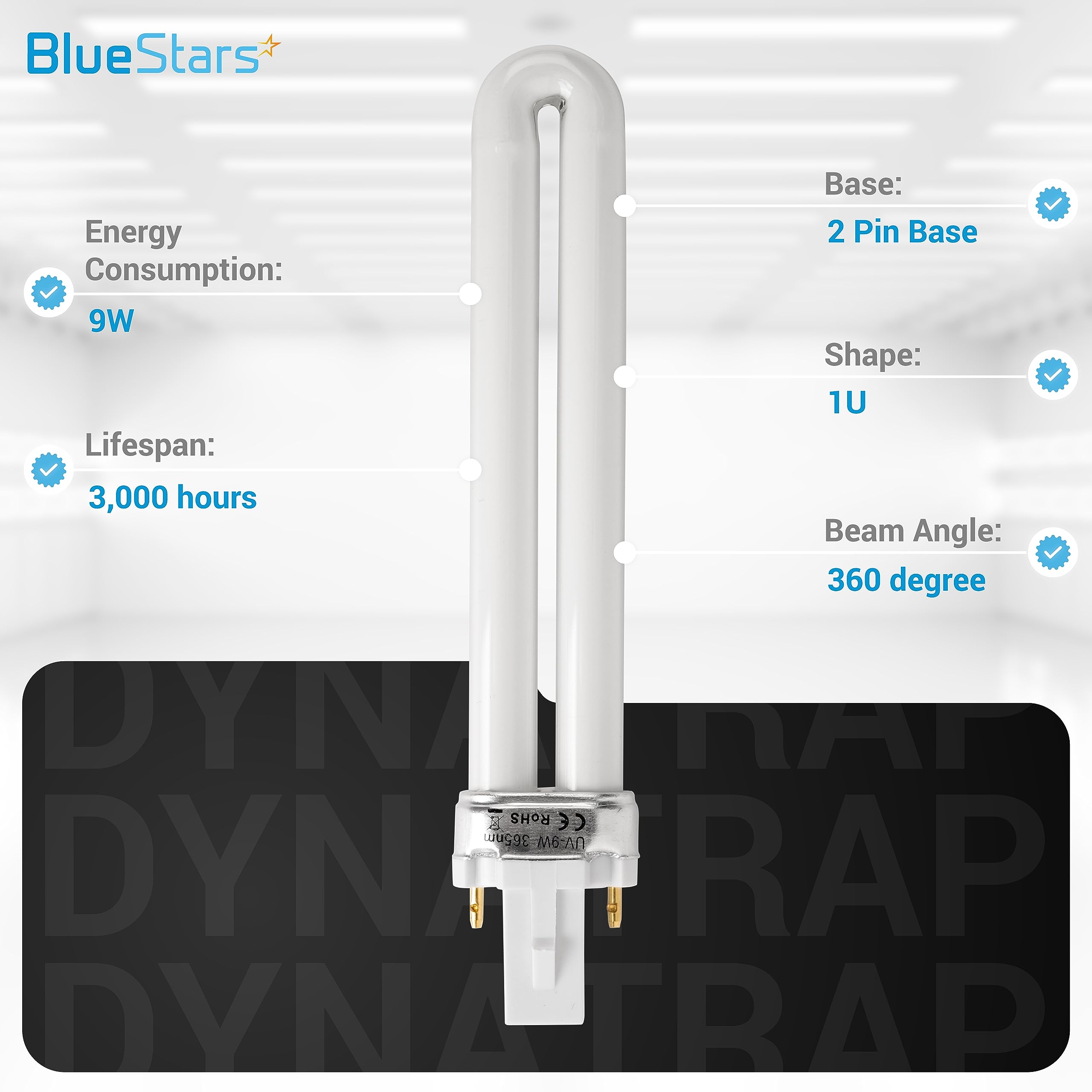 BlueStars Premium Quality 9W 21050 U-Shape 2 Pin Base Replacement UV Light Bulbs for DynaTrap Indoor Trap Models DT3009, DT3019, and DT3039 - Pack of 6