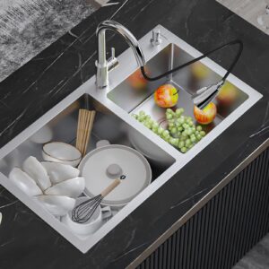 DuyviSteil T-304 Modern Nano-Coated Stainless Steel Kitchen Sink, Drop in & Topmount Double Bowl Sinks with Drainage Pipes and Fruit Baskets (30.7 x 16.9)