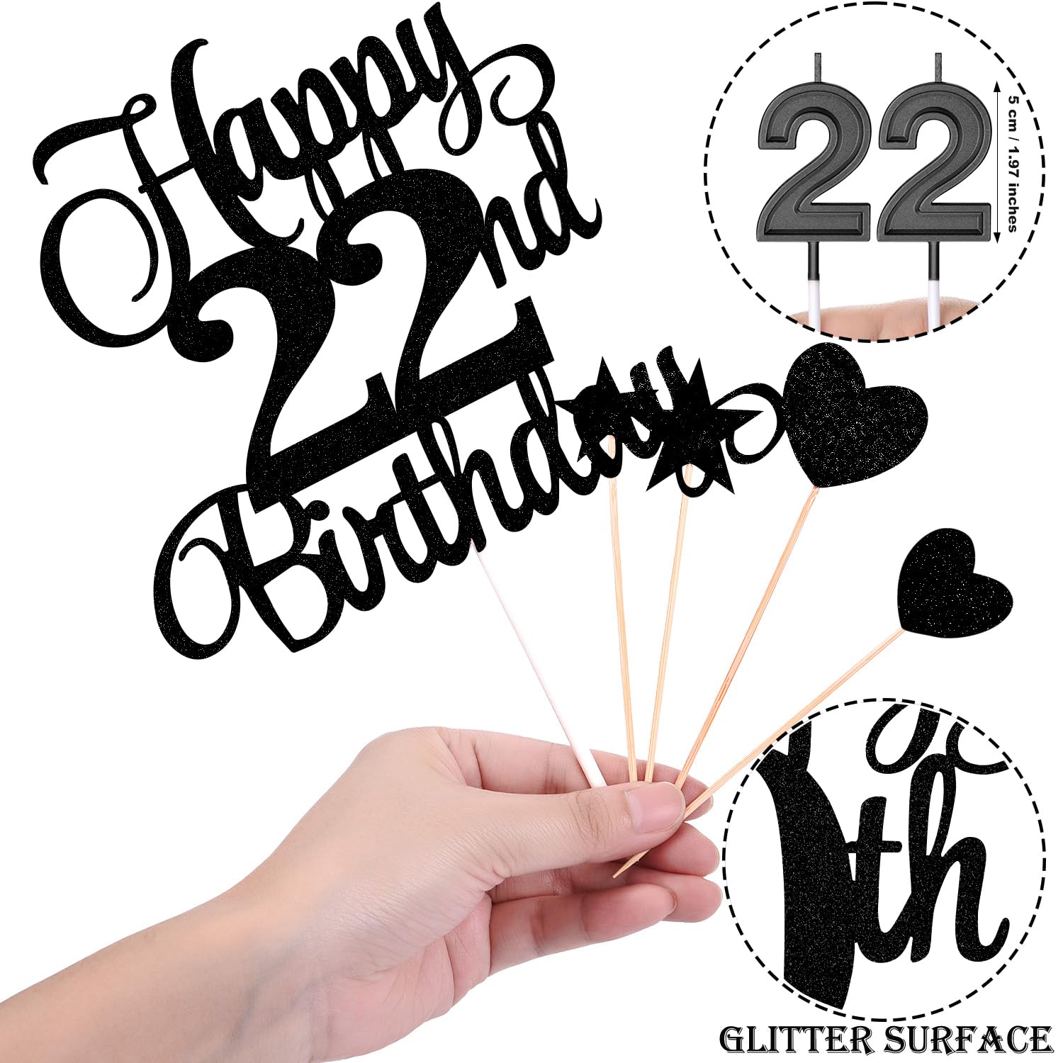 22nd Birthday Cake Decorations Set Include 22nd Birthday Candles Numeral 22 Cake Candles and Happy 22nd Birthday Cake Toppers with Heart Star Cupcake Picks for Birthday Party (Black Series)