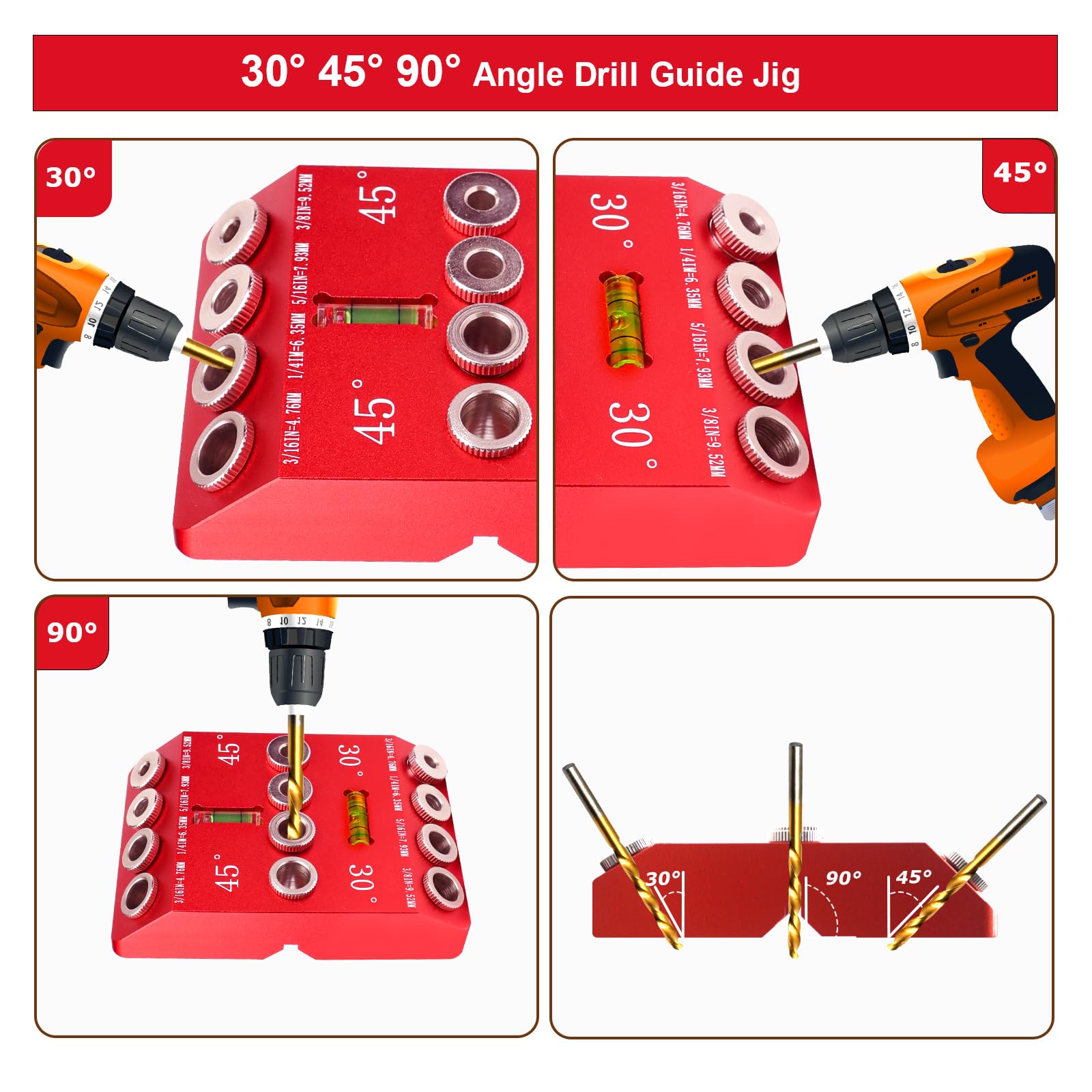 DIRAEEN 30 45 90 Angle Drill Guide Jig with 4 Drill Bits-Portable Drill Guide for Angled Holes and Straight Hole, All Metal Jig for Stairs Handrail, Cable Railing, Deck, Wood Post, Level design