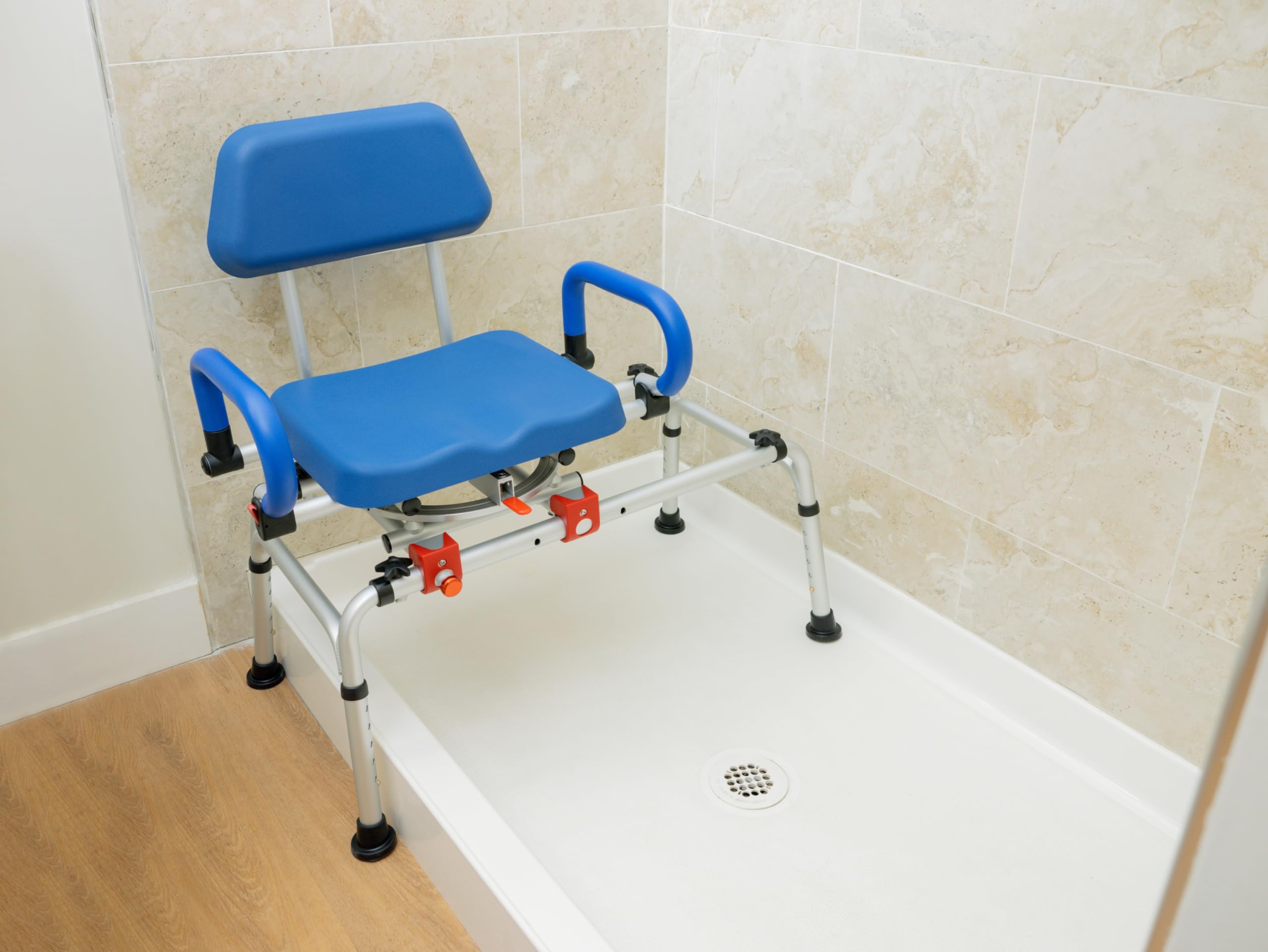 iLIVING ILG-668 Tub Transfer Bench Shower Chair for Inside Shower with Easy Access Swivel Padded Seat and Pivoting Arms, and Adjustable Height for Handicap and Seniors, Blue