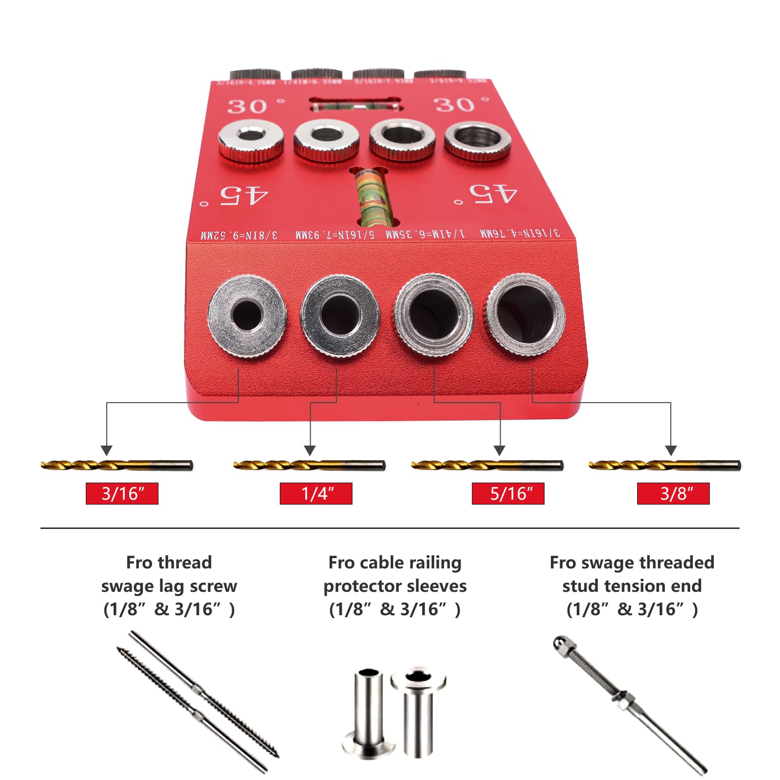 DIRAEEN 30 45 90 Angle Drill Guide Jig with 4 Drill Bits-Portable Drill Guide for Angled Holes and Straight Hole, All Metal Jig for Stairs Handrail, Cable Railing, Deck, Wood Post, Level design