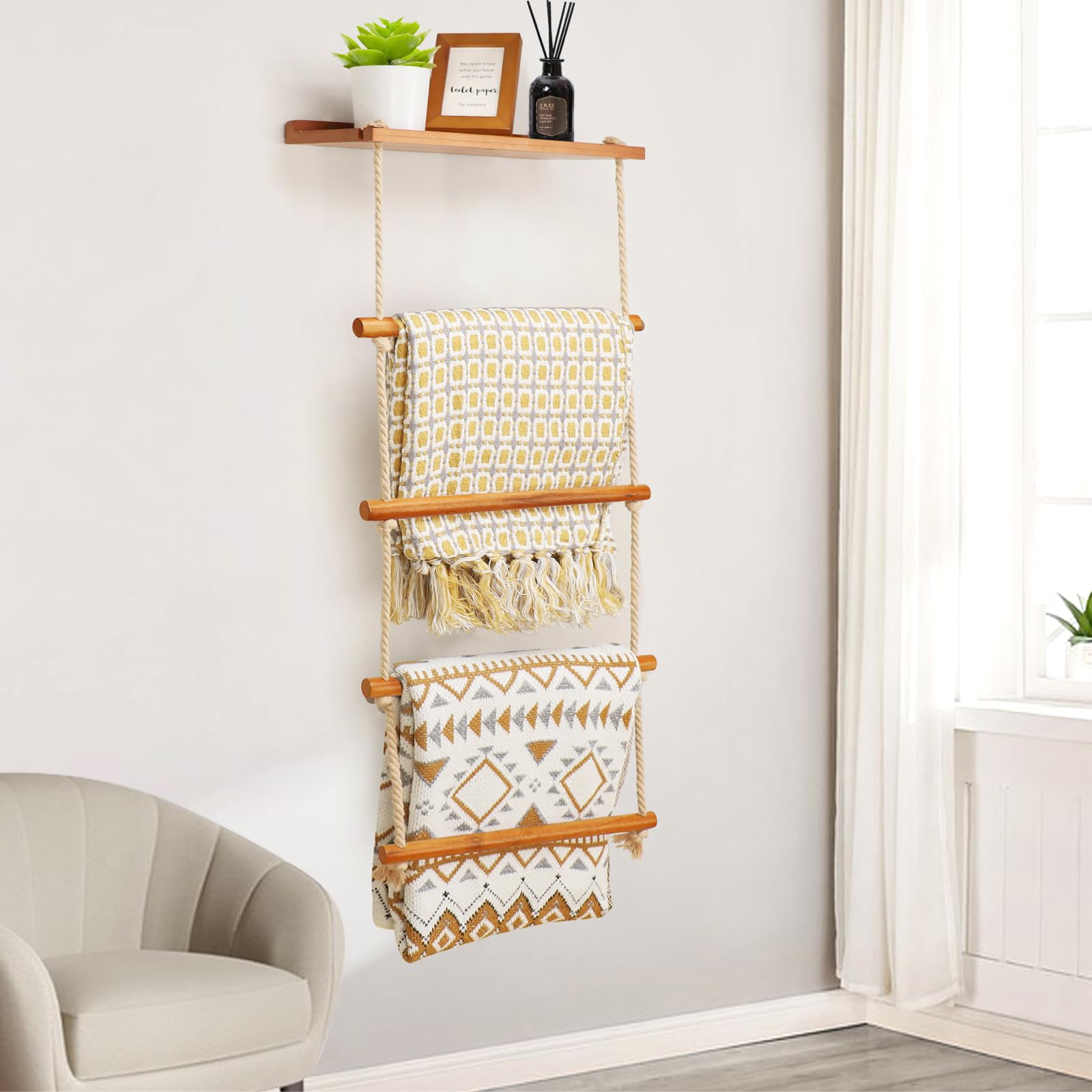 Gomyrod 5-Layer Wooden Blanket Ladder, 2-in-1 Towel Racks Blanket Quilt Towel Holder Rack Decorative Ladder, Storage Ladder Quilt Rack Blanket Holder, Ladder Shelves for Bathroom,Living Room,Bedroom