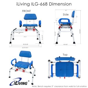 iLIVING ILG-668 Tub Transfer Bench Shower Chair for Inside Shower with Easy Access Swivel Padded Seat and Pivoting Arms, and Adjustable Height for Handicap and Seniors, Blue