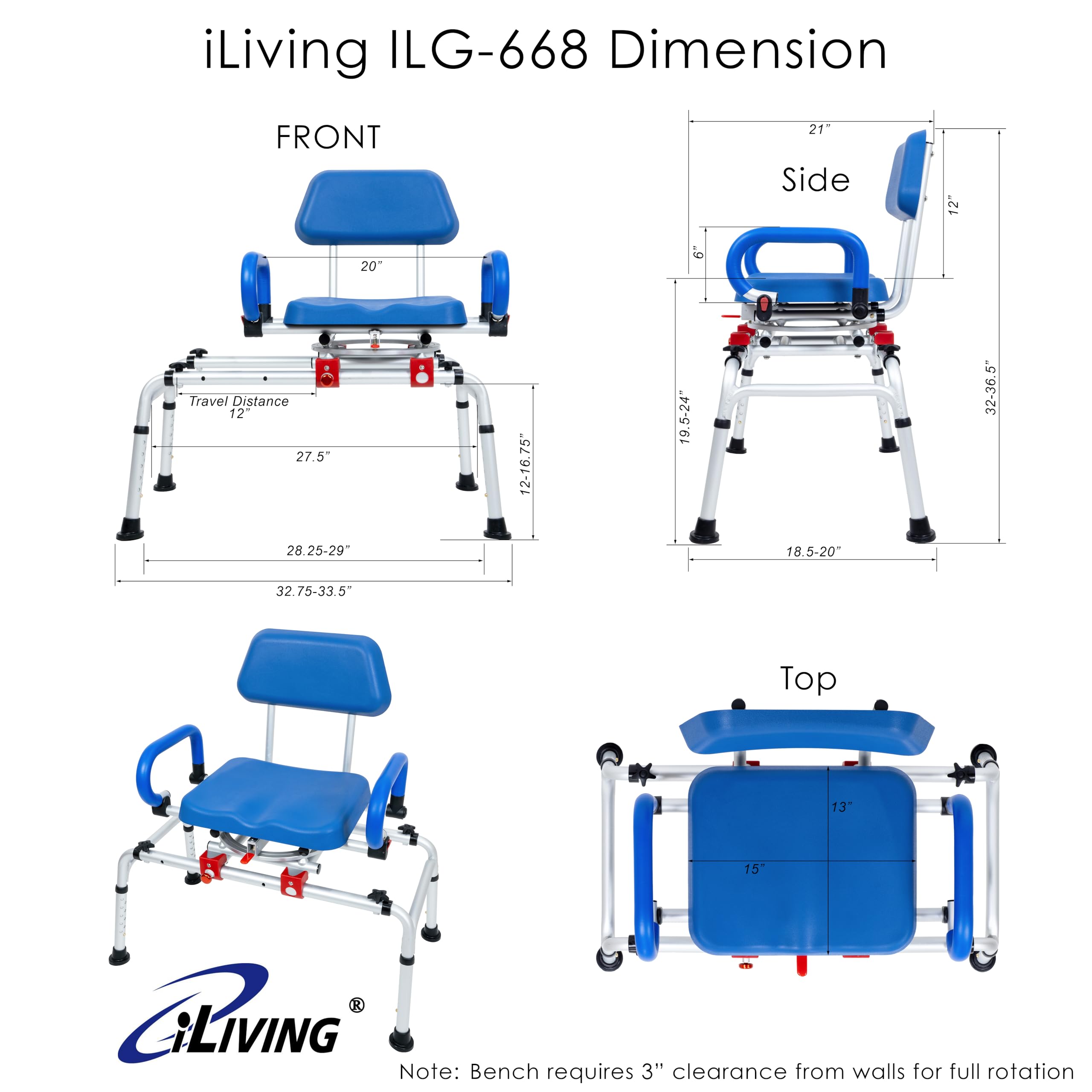 iLIVING ILG-668 Tub Transfer Bench Shower Chair for Inside Shower with Easy Access Swivel Padded Seat and Pivoting Arms, and Adjustable Height for Handicap and Seniors, Blue