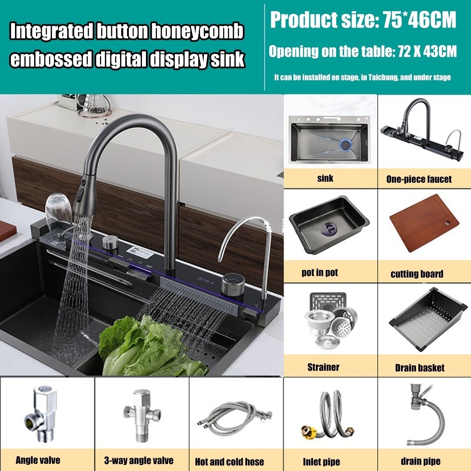 Smart Kitchen Sink With Digital Display,Nano 304 Stainless Steel Kitchen Sink With Flying Rain, Pull-Out Faucet, Pressurized Cup Washer