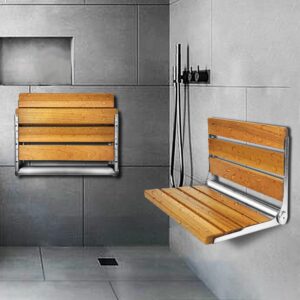 KoreTech Folding Shower Seat Teak, Bath Safety Furniture Stainless Steel, Shower Seats for Elderly, Fold Down Shower Seat, Oak and Stainless Steel