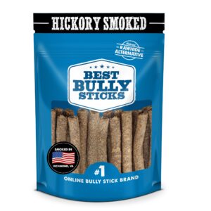 premium hickory smoked real beef dog treats - bully snap stick, 20 pack - reward, puppy & dog training treats - usa smoked & packed - no additives, 100% natural, healthy rawhide-free high protein