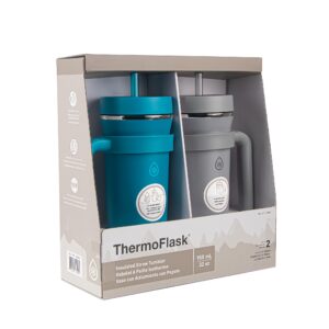 thermoflask premium quality double wall insulated stainless steel tumbler with handle and straw lid, 32 ounce, 2-pack, crystal teal/circular grey