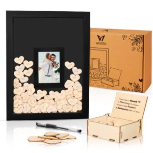 wisato wedding guest book picture frame - unique wedding heart guest book drop box - guest book alternatives for receptions, bridal showers, anniversary - 15.5x12x0.75 black frame - 120 wooden hearts