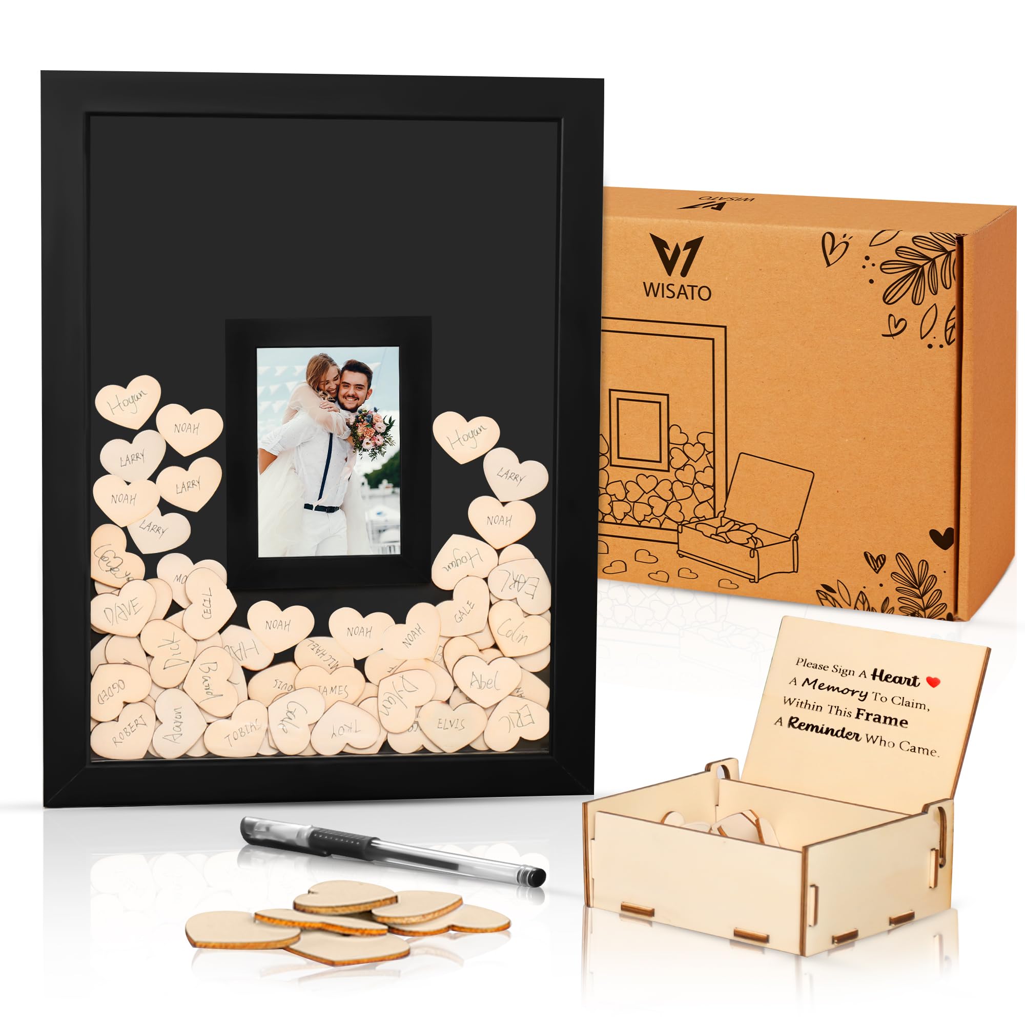 WISATO Wedding Guest Book Picture Frame - Unique Wedding Heart Guest Book Drop Box - Guest Book Alternatives for Receptions, Bridal Showers, Anniversary - 15.5x12x0.75 Black Frame - 120 Wooden Hearts