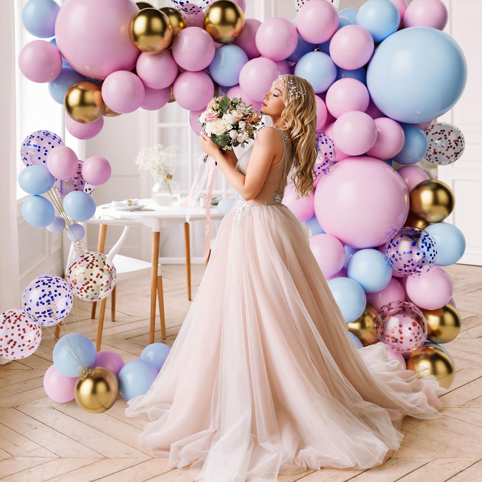 Pink Blue and Gold Balloon Garland Arch Kit, Pink Blue and Gold Latex Balloons, Pink and Blue Confetti Balloons for Wedding Birthday Festival Graduation Party Decorations