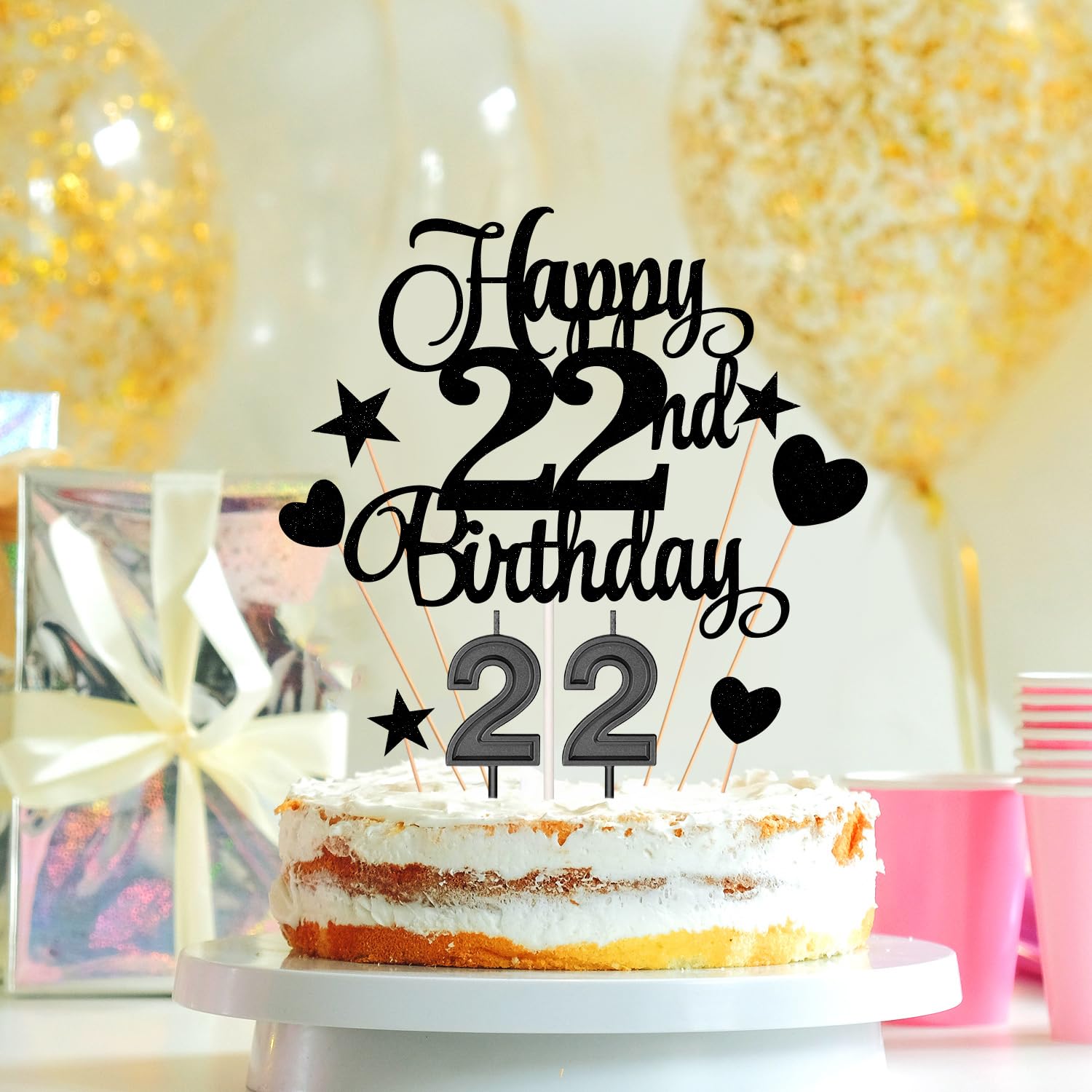 22nd Birthday Cake Decorations Set Include 22nd Birthday Candles Numeral 22 Cake Candles and Happy 22nd Birthday Cake Toppers with Heart Star Cupcake Picks for Birthday Party (Black Series)