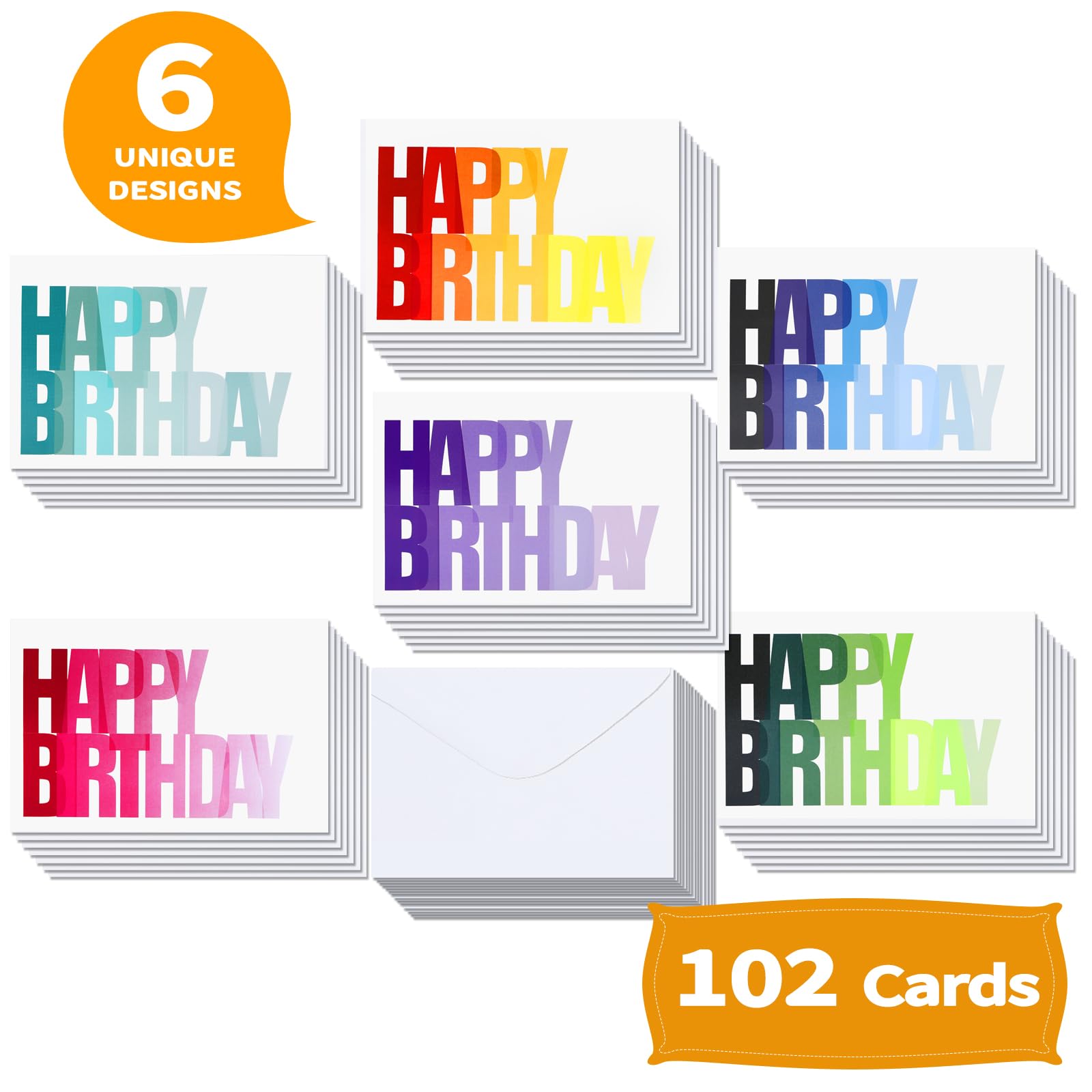 XXINMOH 102 Pack Happy Birthday Cards Bulk Box Set with Envelopes 4 x 6 inch, Blank Inside, 6 Designs for Students, Work, Office, Colorful Ombre Font (Plus 102 Pack Envelopes)