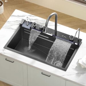 Smart Kitchen Sink With Digital Display,Nano 304 Stainless Steel Kitchen Sink With Flying Rain, Pull-Out Faucet, Pressurized Cup Washer