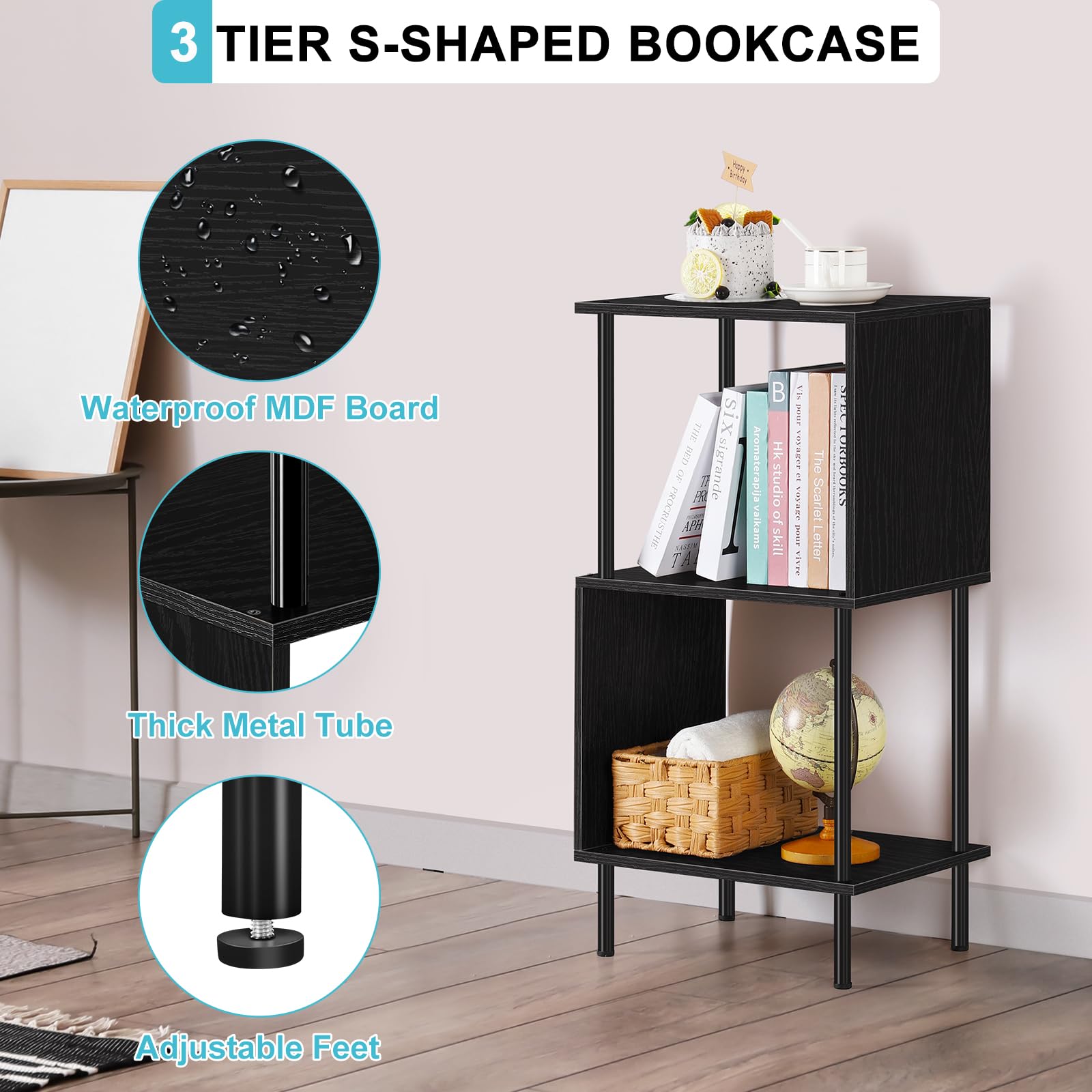 ETELI 3 Tier Small Bookshelf Black Book Shelf for Small Spaces S Shaped Bookcase Organizer for Office, Kids, Living Room Bedroom Home Corner