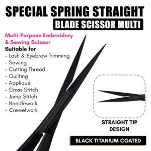 Cross Edge Spring Scissors 5 Inch straight Stainless Steel Precision Eyebrow & Eyelash Shaping & Trimming Scissor, Snips Squeeze Scissors, Embroidery, Knitting Micro Tip Craft Scissors (Black)