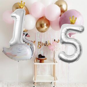 YFHVJTKO 40 Inch Number 15 Silver Crown Balloon Set,15th Celebration Decorations for Happy 15th Birthday Party Wedding Bridal Shower Engagement Photo Shoot Anniversary Decoration, Silver 15 Balloon