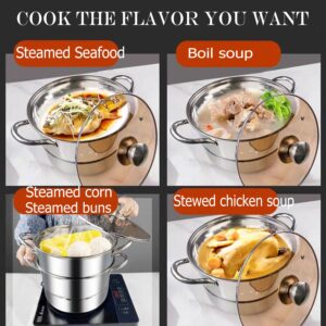 Steamer for Cooking, Food Grade Stainless Steel Steamer Pot, 11 inch Steam Pots with Glass Lid 2-tier for Cooking Vegetables, Seafood, Soups, Stews and Pasta Cooking Tool (28cm)