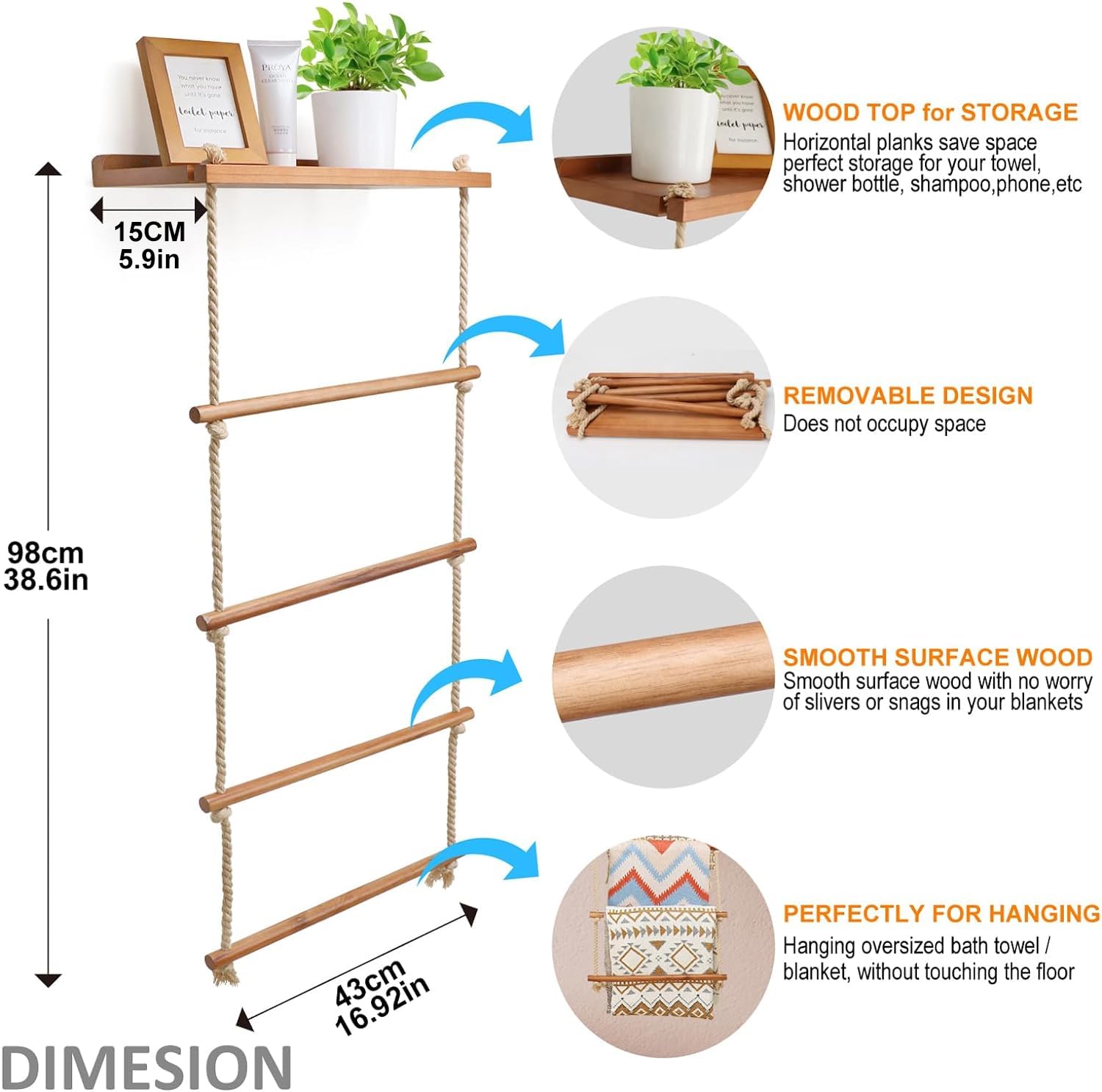 Gomyrod 5-Layer Wooden Blanket Ladder, 2-in-1 Towel Racks Blanket Quilt Towel Holder Rack Decorative Ladder, Storage Ladder Quilt Rack Blanket Holder, Ladder Shelves for Bathroom,Living Room,Bedroom