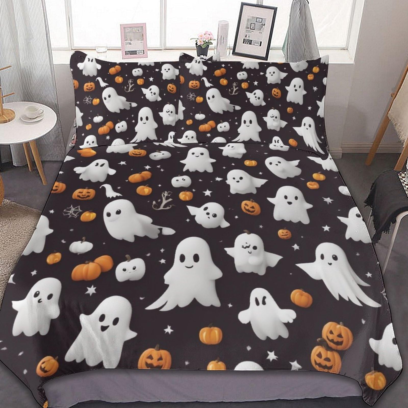 ZGDPBYF Halloween Quilts King Size 3D Cartoon White Ghost Pumpkin Printed Pattern, 3 Piece Quilt Bedding Set,Coverlet Set for All Season -1 Duvet Cover & 2 Pillowcases(No Comforter) 102"X92"