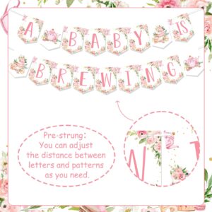 Fangleland Tea Party Baby Shower Banner for Girl - A Baby Is Brewing Tea Theme Pink Floral Banner Decorations, Girl’s Gender Reveal Pregnancy Celebration Hanging Garland Party Supplies