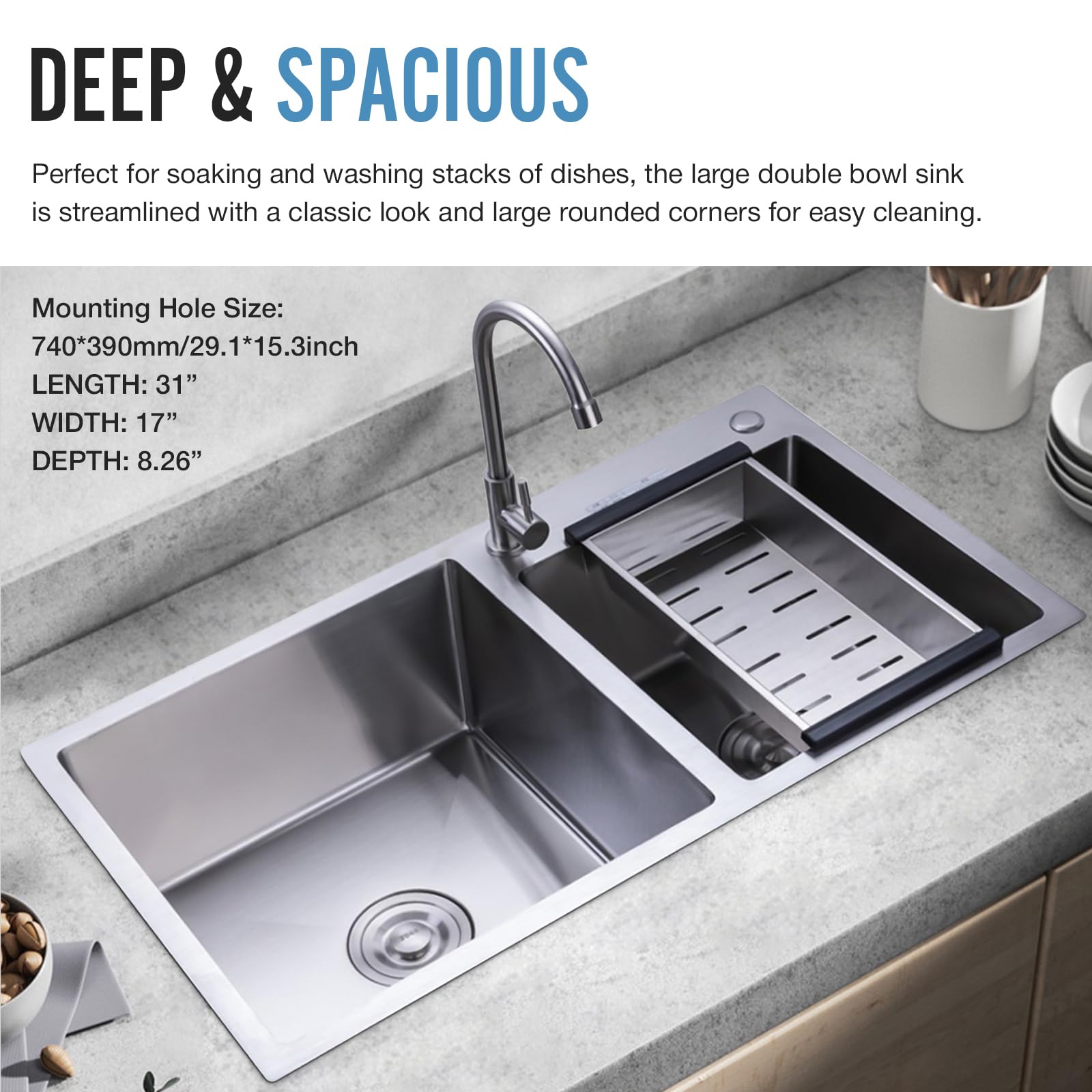 DuyviSteil T-304 Modern Nano-Coated Stainless Steel Kitchen Sink, Drop in & Topmount Double Bowl Sinks with Drainage Pipes and Fruit Baskets (30.7 x 16.9)