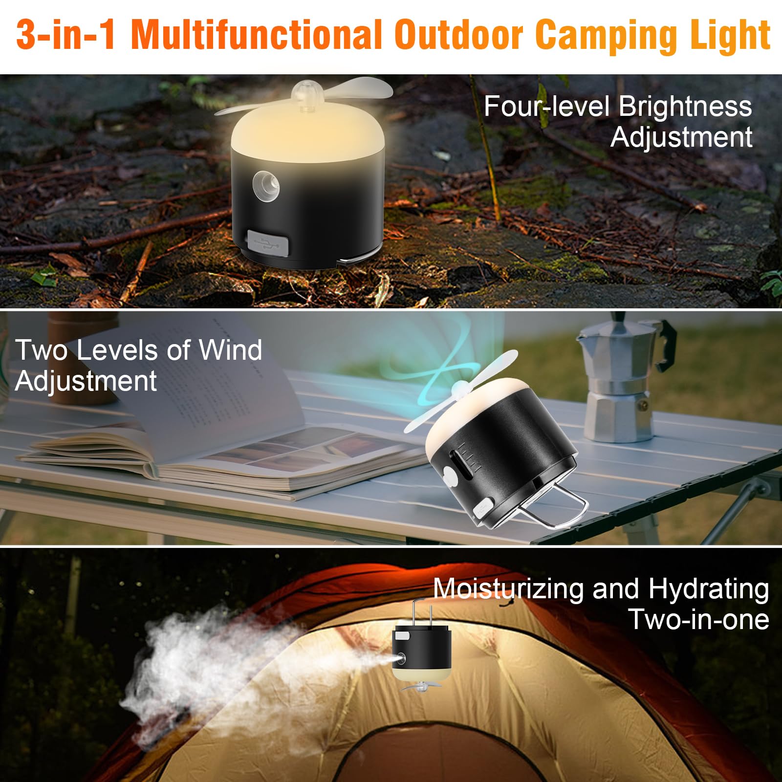 Atdoall Portable LED Camping Lantern with Fan, 3000mah Rechargeable Battery Camping Lanterns with 4 Light Modes, 80h Runtime, Power Outage Emergency Light for Power Outages, Camping, Emergencies