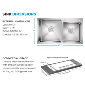 DuyviSteil T-304 Modern Nano-Coated Stainless Steel Kitchen Sink, Drop in & Topmount Double Bowl Sinks with Drainage Pipes and Fruit Baskets (30.7 x 16.9)