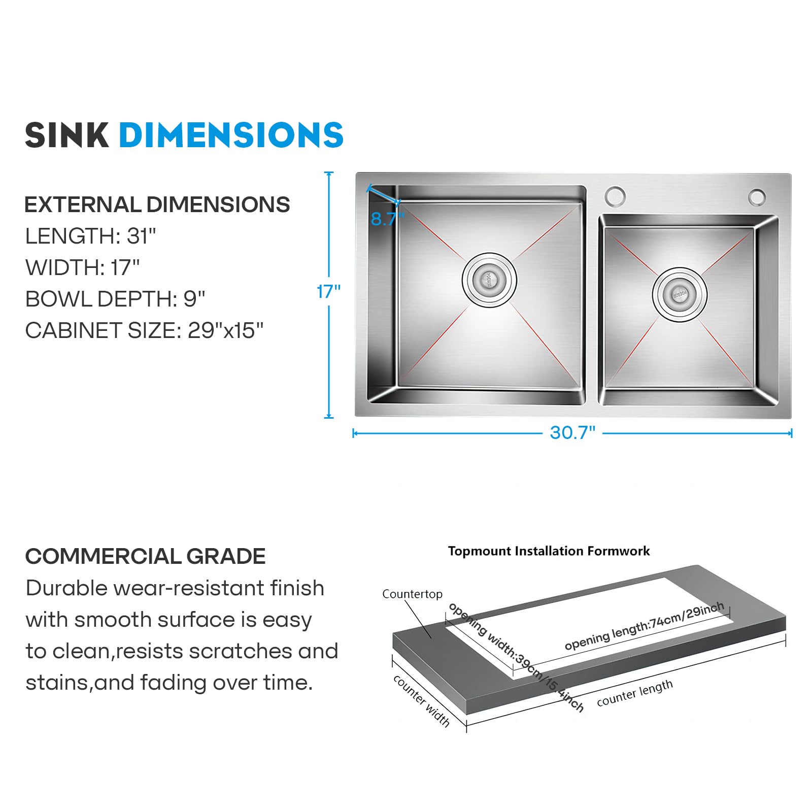 DuyviSteil T-304 Modern Nano-Coated Stainless Steel Kitchen Sink, Drop in & Topmount Double Bowl Sinks with Drainage Pipes and Fruit Baskets (30.7 x 16.9)