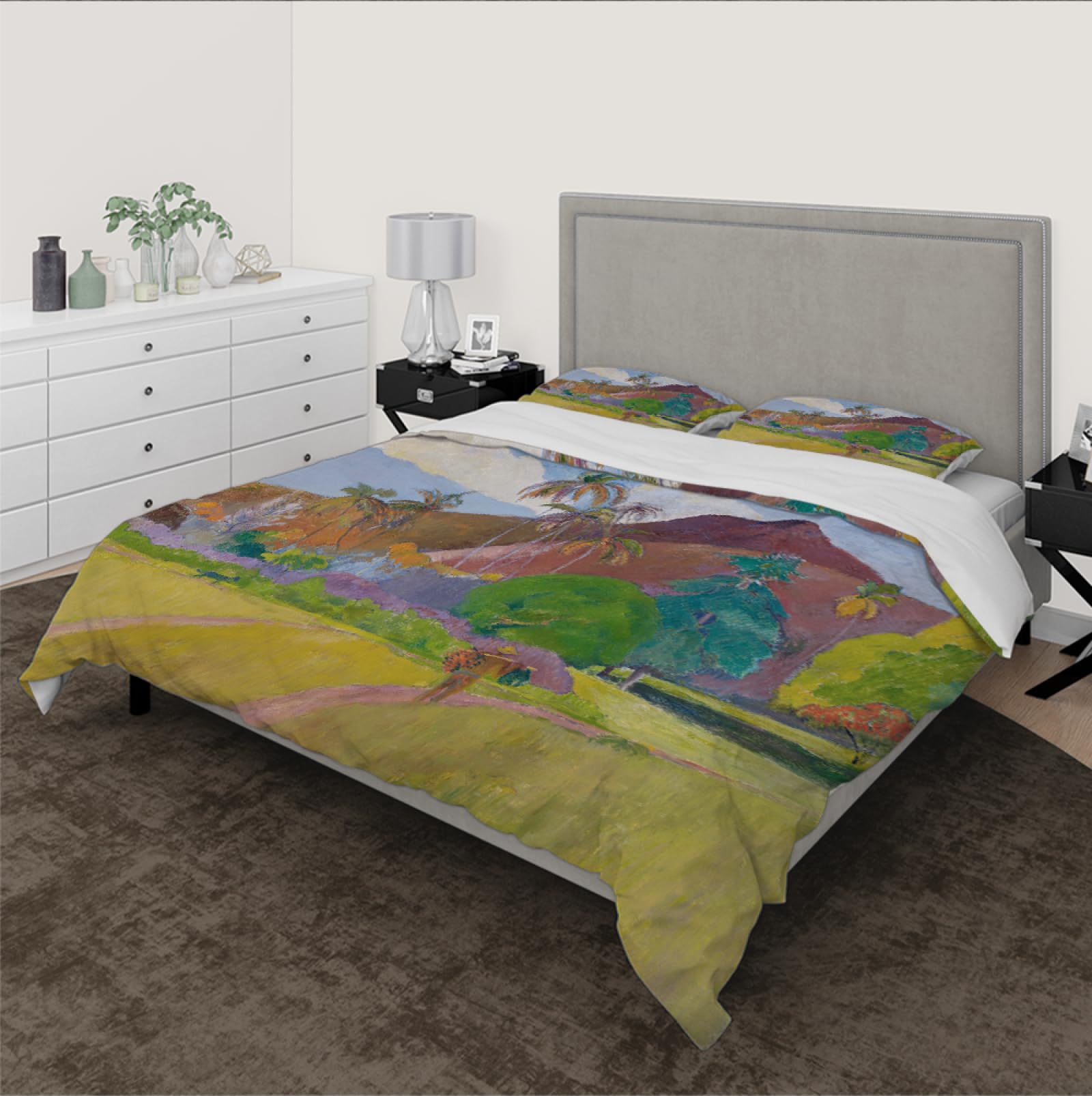 RIVINE Paul Gauguin Style Duvet Cover Set 3 Pieces Tahitian Landscape, 1891 Ultra Soft Bedroom Bedding Set with 2 Pillow Shams 4 Ties Zipper Twin XL