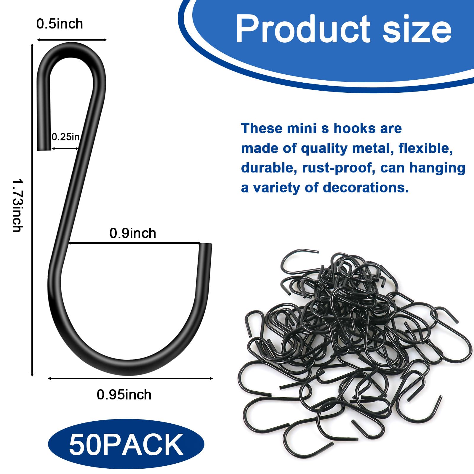 50 Pack S Hooks for Hanging Plants, 1.73 Inch Small Black S Hooks, Heavy Duty Mini S Hooks, Ornament Hooks for Hanging Jewelry, Plants Decorations, Key chains, Necklaces, Lights, Crafts